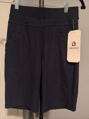 I Believe Women's Dark Navy Bermuda Shorts with Button-Trim Pockets